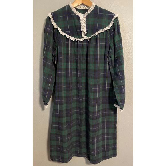 Vintage Lanz of Salzburg Nightgown Womens Large Green Blue Plaid Flannel READ - Picture 1 of 6
